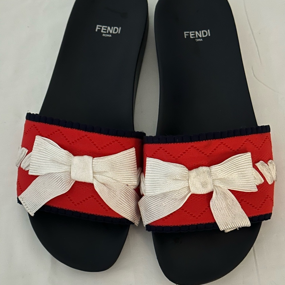 Fendi Blue and Red Cloth Slides. White canvas Bow. Women Size 38.5EU (US 8)